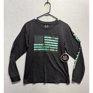Realtree Long Sleeve Shirt M Charcoal Gray W/ Teal Camo Flag Design